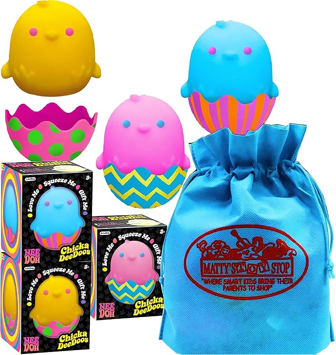 Schylling Nee Doh Chicka DeeDoos...Groovy, Squishy, Squeezy, Stretchy Stress Fidget, Switch & Swap Chicken and Eggs Purple/Blue, Pink/Blue & Yellow/Pink Complete Bundle with Storage Bag - 3 Pack