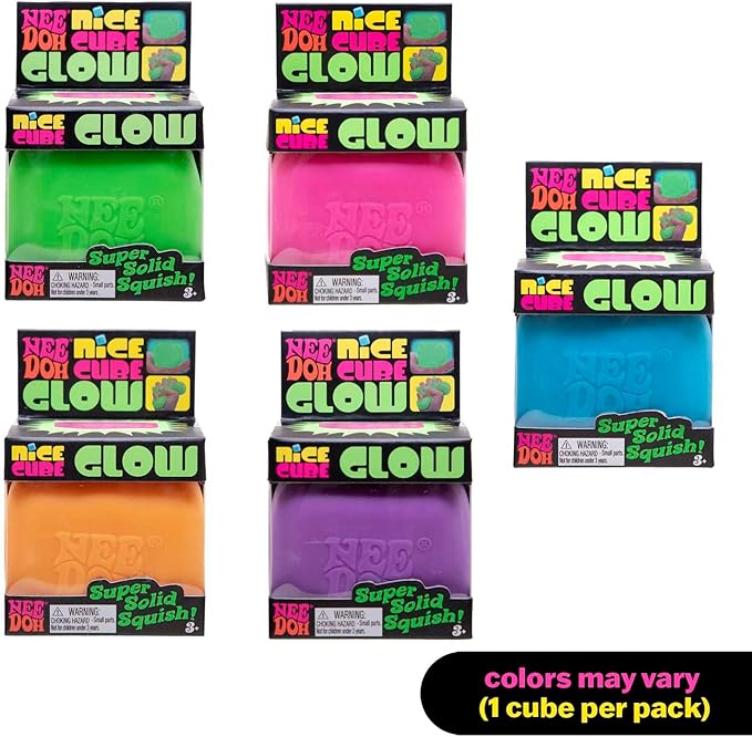 Schylling NeeDoh Nice Cube Glow - Sensory Toy with a Super Solid Squish - Glows in the Dark and Always Returns to its Square Shape - Color May Vary (1 Cube Per Pack)