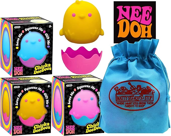 Schylling Nee Doh Chicka DeeDoos...Groovy, Squishy, Squeezy, Stretchy Stress Fidget, Switch & Swap Chicken and Eggs Purple/Blue, Pink/Blue & Yellow/Pink Complete Bundle with Storage Bag - 3 Pack