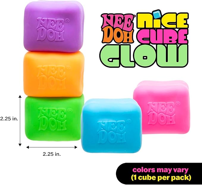 Schylling NeeDoh Nice Cube Glow - Sensory Toy with a Super Solid Squish - Glows in the Dark and Always Returns to its Square Shape - Color May Vary (1 Cube Per Pack)
